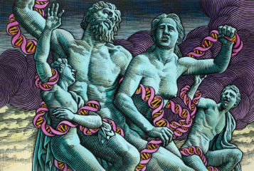 Image by Bill Sanderson via the Wellcome Collection, © Wellcome Trust Ltd 1990. Depicts Laocoön and his family entwined in coils of DNA (based on the figure of Laocoön from Greek and Roman mythology).